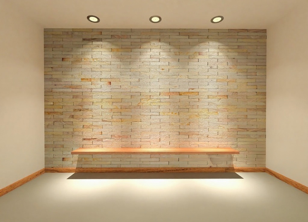 Modern interior stone veneer accent wall with stacked natural stone cladding and warm ambient lighting