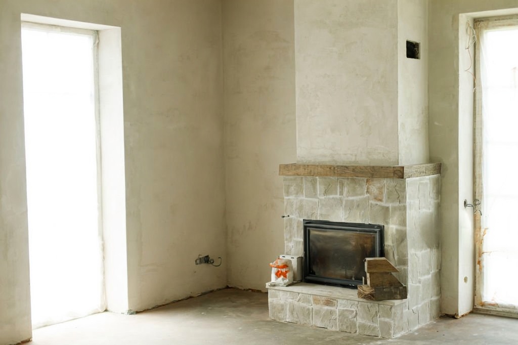 Natural stone fireplace cladding installed in residential interior space